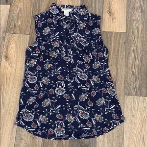 Collared button up tank top with flower design
